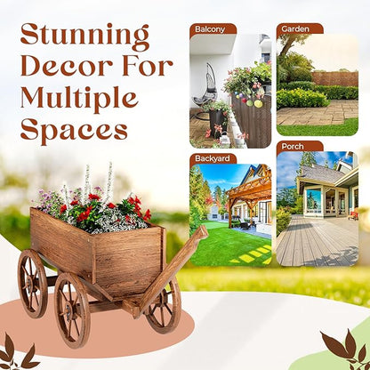 Wood Wagon Planter for Outdoor Balcony Decor - Garden Rustic Wooden Flower Cart with Wheels for Outside - Garden Decor - Amish Decorative Indoor - Wheelbarrow Planter for Patio