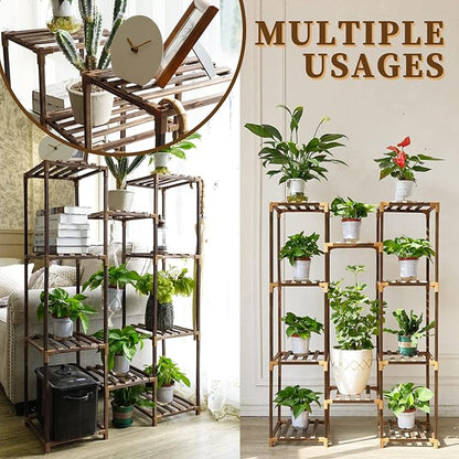 Uneedem Plant Stand Indoor Outdoor, Tall Plant Shelf for Multiple Plants, 10 tiers 11 Pot Large Plants Holder Rack Wood Plant Shelves for Room Corner Balcony Garden Patio