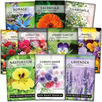 Sow Right Seeds - Edible Flower Seed Collection for Planting - Individual Packets Nasturtium, Pansy, Lavender, Chamomile, Calendula, Violet, and Borage, Non-GMO Heirloom Seed to Grow a Flower Garden