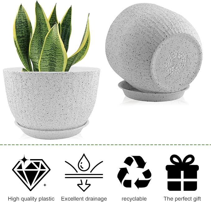 12/10/9 inch Plant Pots, 3 Pack Flower Pots for Outdoor Indoor Garden Plants, Large Planters with Multi Mesh Drainage Holes and Saucer (Speckled White, 12"+10"+9")