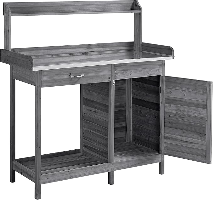 Topeakmart Garden Potting Bench Wooden Workstation Outdoor Wooden Potting Table W/Top Shelf & Lower Shelf & Cabinet Drawer & Open Shelf Gray