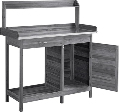 Topeakmart Garden Potting Bench Wooden Workstation Outdoor Wooden Potting Table W/Top Shelf & Lower Shelf & Cabinet Drawer & Open Shelf Gray