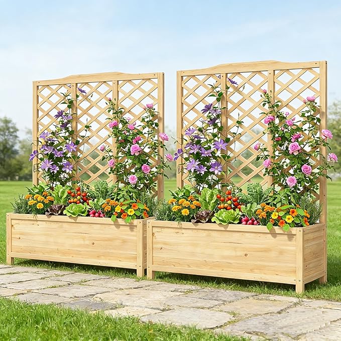 DoCred 2PCS 44" L x 16" W x 59" H Raised Garden Bed, Freestanding Elevated Planter Box with Trellis for Climbing Plants, Outdoor Wooden Privacy Screen with Garden Box for Backyard Patio Balcony Decor