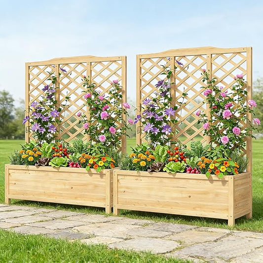 DoCred 2PCS 44" L x 16" W x 59" H Raised Garden Bed, Freestanding Elevated Planter Box with Trellis for Climbing Plants, Outdoor Wooden Privacy Screen with Garden Box for Backyard Patio Balcony Decor