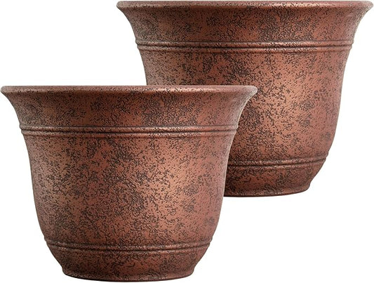 The HC Companies Sierra Round Self-Watering Pot - Lightweight Plastic Planter for Herbs & More - Durable Plant Pots for Indoor Plants & Outdoor Plants (13” Rustic Redstone, Pack of 2)