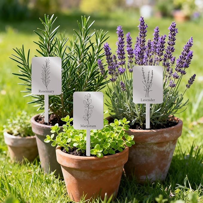 Silkfly 24 Pcs Metal Herb Label Signs 12 Style Herbs Garden Markers Waterproof Label Stakes Reusable Garden Plant Tags with Name for Indoor Outdoor Nursery Seed Flowerpot Potted Plant Flower