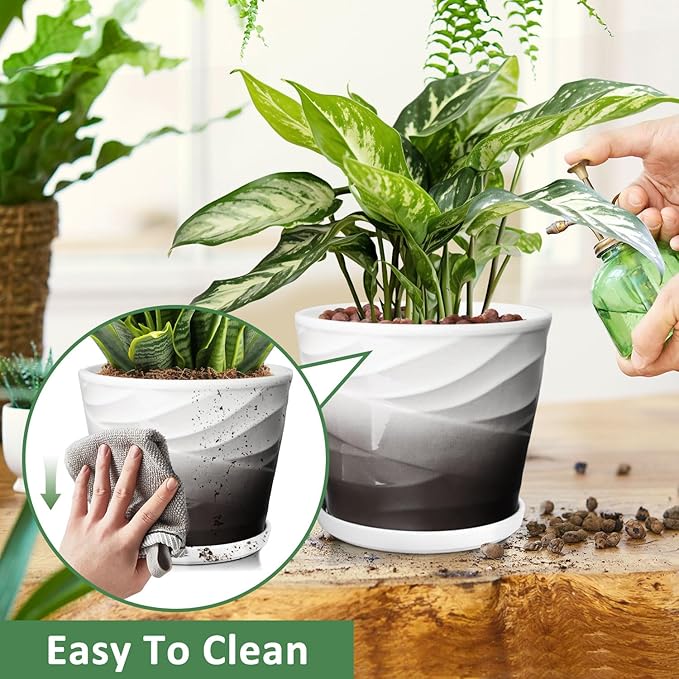 8 Inch Plant Pot,Ceramic Planter with Drainage and Saucer,Ceramic Pots for Plants,Indoor Plant pots,Ceramic Flower pots(Dark Gray+White)