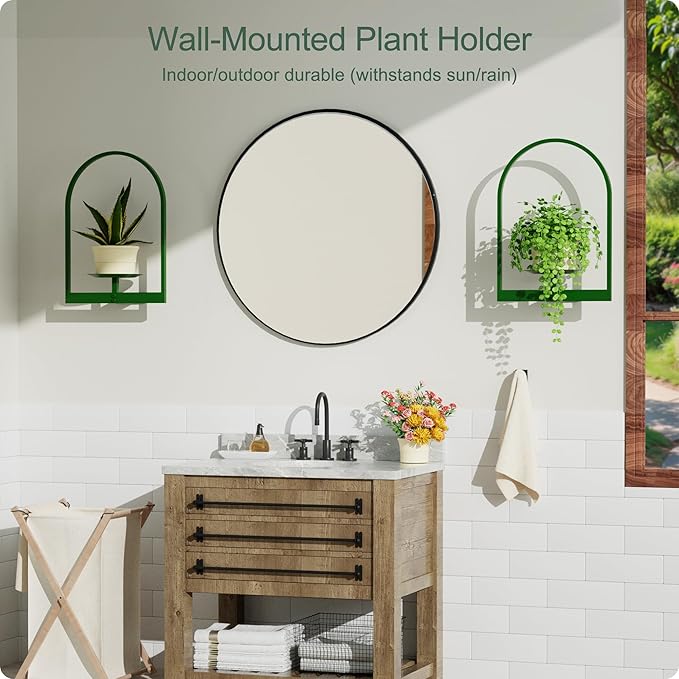 Green Metal Wall Plant Holder - 3-Pack Wall Mounted Plant Stands and Hanging Holders for Indoor Planter and Flower Pot - Arch Decor Shelf for Plant Storage (Pot Not Included)
