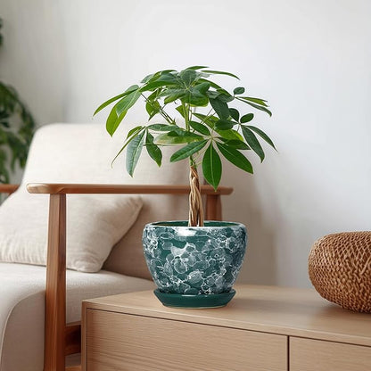 6 Inch Planter - Ceramic Plant Pots Indoor with Drainage Hole and Saucer, Indoor Plant Pots for Flowers Plants, Round Modern Small Planter, Bedroom Decor, Plants Lover Gift, Bubble Green