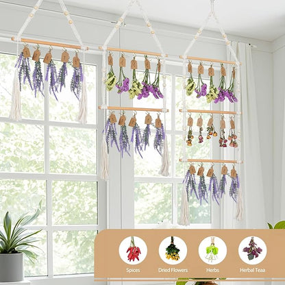 1-Tier Hanging Herb Drying Rack – Includes 30 Brown Gift Tags & 32ft Natural Jute Twine – Handwoven Boho Style Plant Hanger for Drying Herbs, Flowers, Sage – 37" Tall, Home Décor & Gift Idea