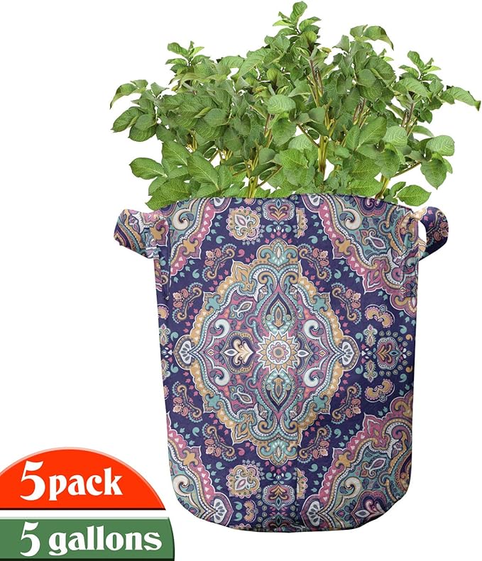 Ambesonne Corn Grow Bags 5-Pack, Organic Vegetable Stalks, Heavyduty Fabric Pots with Handles for Plants, Green Yellow