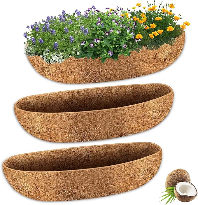Halatool 30 Inch Window Box Coconut Liners for Planters, 3 Pack Natural Coco Fiber Replacement Liners for Fence Railing Wall Window sill Planter