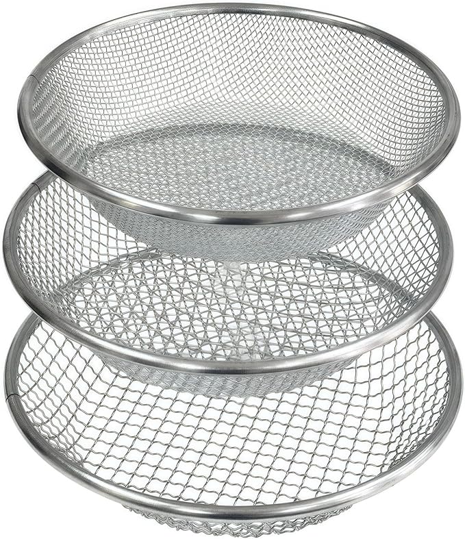 3 Pack Gardening Sand Soil Compost Sifter Perfect for 5 Gallon Bucket, 1/4 inch Mesh, 1/8 inch Mesh, 3/8 inch Mesh