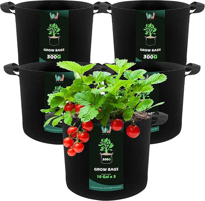 5-Pack 10 Gallons Grow Bags - Heavy Duty 300G Thickened Aeration Nonwoven Fabric Pots with Handles - Ideal Cloth Pots for Plants - Planters Accessories, Garden Vegetables Supplies