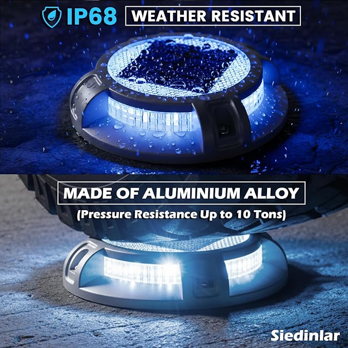 SIEDiNLAR Solar Driveway Lights Outdoor 4 Modes 40 LEDs Marine Dock Light Deck Driveway Markers Waterproof for Garden Step Ground Walkway Pathway Yard, Blue/White Dynamic Lighting (1 Pack)