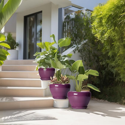 10+8+6 Inch Ceramic Plant Pots, Ceramic Planter for Indoor Outdoor Plants, Round Planter with Drainage Holes and Saucers, Indoor Flower Pots, Room Decor, Housewarming Gift, Set of 3, Purple