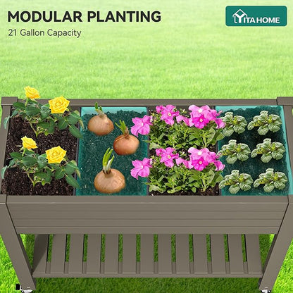 YITAHOME 3.6x1.5x2.8 FT Elevated Garden Bed Kit with Legs and Wheels, Outdoor Large Resin Planter Box Stand with Drain Plug and Storage Shelf for Plants Vegetables Fruits, Light Brown