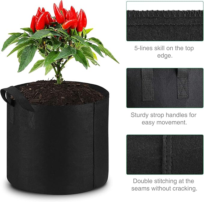 20-Pack 3 Gallon Grow Bags Heavy Duty Thickened Nonwoven Fabric Pots with Durable Handles