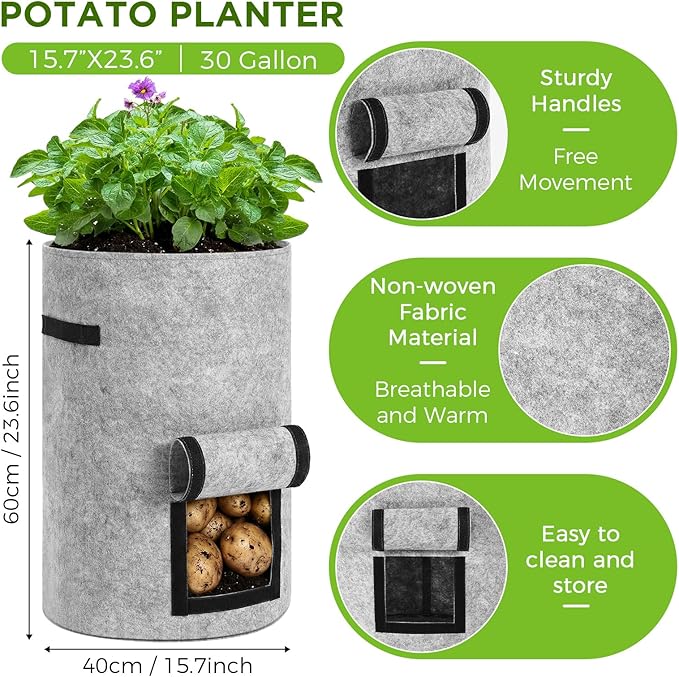 4 Pack 30 Gallon Potato Grow Bags with Harvest Window, Durable Garden Planter Bags with Handles for Potatoes, Tomatoes, and Vegetables - Indoor & Outdoor Gardening Supplies (Black,Gray)