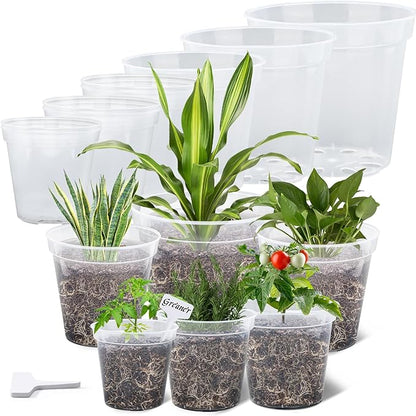 GREANER 6/7/8/9/10/12 Inch Durable Nursery Pots, 15PCS Plastic Pots for Plants, Clear Planters for Indoor Outdoor Plants