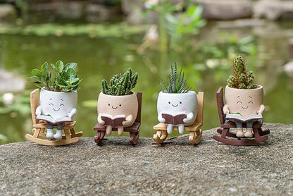 Rocking Chair Smiley Face Planter with Drainage Hole, Cute Plant Pots for Indoor Outdoor Plants,Unique Flower Pot for Succulents, Gift for Mother's Day, Birthday, Christmas
