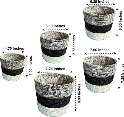 Planter Basket Set – 5-Piece Handwoven Jute Planter Basket for Home Decor, Nursery, or Indoor Plants (5'' to 8'' Diameter, 4.75'' to 7.75'' Height) – Wrinkle Free - Gray, Black & Natural Stripe