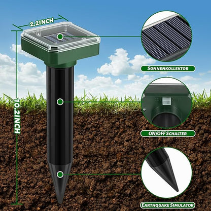Mole Repellent Solar Powered 10 Pack,Ultrasonic Vole Repellent Outdoor, IP 44 Waterproof Animal Deterrent for Yard Garden,Effective Get Rid of Gopher Raccoon Squirrel Groundhog Chipmunk