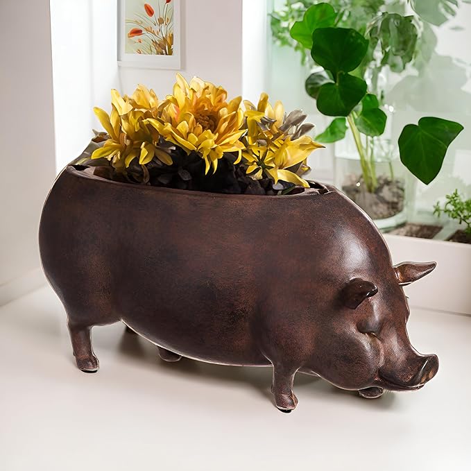 Cape Craftsmen Beautiful Springtime Classic Resin Pig Shaped Statue and Planter Pots for Indoor Plants - 14 x 5 x 6 Inches Small Planter Decoration for Homes, Apartments, Yards and Gardens