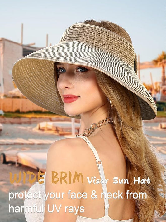 Womens Beach Straw Sun Hats Ponytail Hole Wide Brim Summer Visor Foldable Hat Sun Protection Packable for Travel Pool