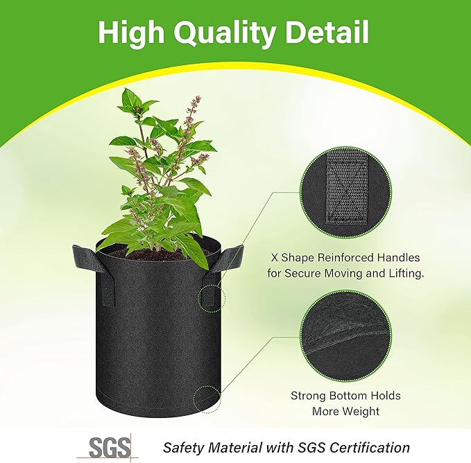 HealSmart 6-Pack 1 Gallon Grow Bags, Nonwoven Aeration Fabric Pots with Handles, Cloth Plant Pots, Suitable for Garden Fruits, Vegetables, Tomato and Flowers, Black