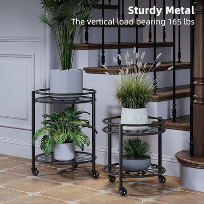 2 Tier Rolling Plant Stand with Wheels, Mid Century Modern Metal Stand for Planters, 2 Sizes 9 Inch & 11 Inch, Indoor Outdoor Movable Flower Pot Holder for Decor Home Garden Patio Load Bearing 165 LB 2 Pack Black