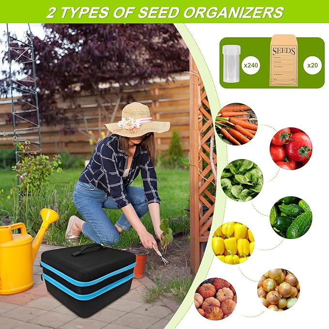 240 Slots Seed Storage Organizer Box with 20 Envelopes, Large Capacity Seed Storage Container with Zipper Bag, Label Stickers, Tweezers, Funnel, Garden Seeds Saver Kit for Vegetable, Flower