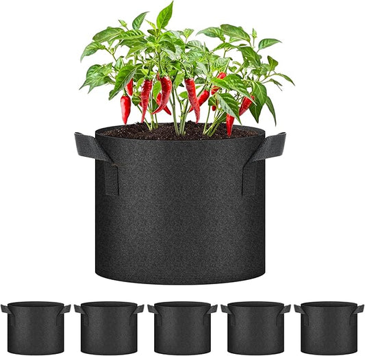 HealSmart 5 Gallon 5 Pack Plant Grow Bags, Tomoato Planter Pots with Handles, Aeration Nonwoven Fabric, Heavy Duty Gardening Planter for Vegetable, Herbs and Flowers, Black
