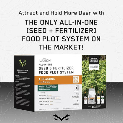 All-in-One Food Plot Seed + Fertilizer for Deer - 1/4 Acre Coverage - Perennial + Annual Blend - Protein and Micronutrients for Wildlife - Brassicas, Clovers, Chicory - Illusion Systems (4 Seasons)