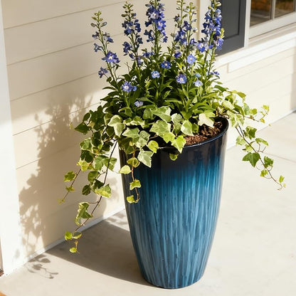 Worth Garden 23.5" Tall Plastic Planters Set of 2 with Drainage Holes, Gradient Blue Glossy Finish, Large Lightweight Round Plant Pots for Indoor Outdoor Use, Decorative Flower Pots for Front Porch