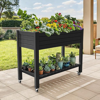DWVO Raised Garden Bed Kit, 3.6 x 1.5 x 2.8 FT Outdoor Plastic Planter Box with Wheels and Legs, Garden Box with Drain Plug & Storage Shelf for Planting Vegetables, Flowers, and Herbs, Black