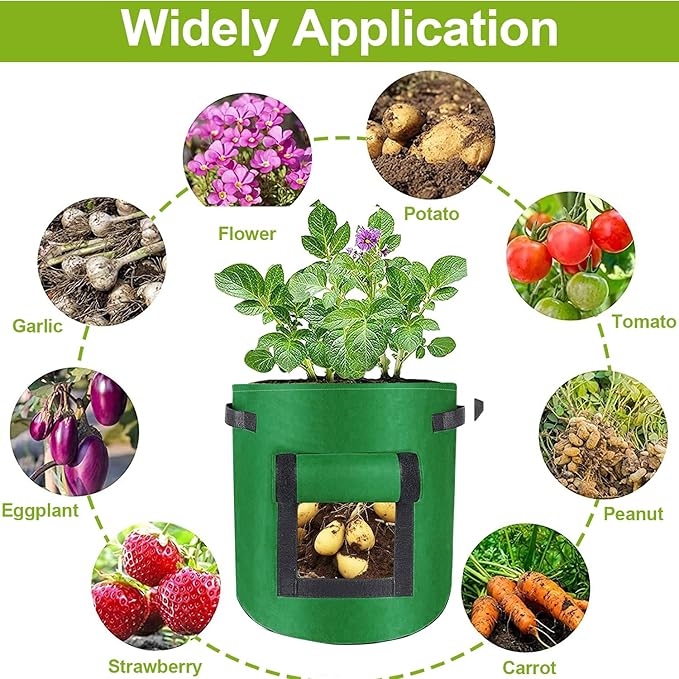 NUNET 7 Gallon Potato Grow Bags w. Double-Sided Straps, Gloves w. Claws, Neck Gaiter Mask, Heavy Duty Thickened Nonwoven Fabric Pots w. Handles, Durable Breathable Plant Container for Vegetables