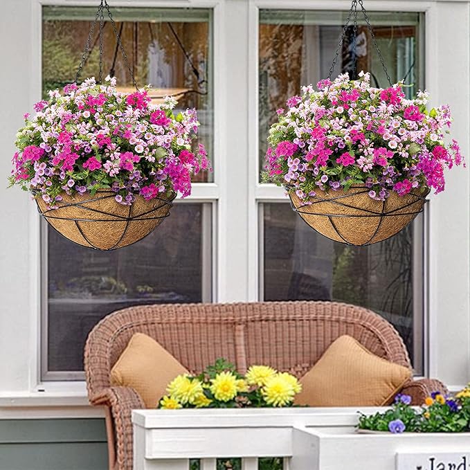 2 Pack 12 Inch Hanging Planters for Outdoor Plants Metal Watering Flower Baskets with Coco Liner for Hanging Pot Round Plant Holders Planter for Outside Garden Decor