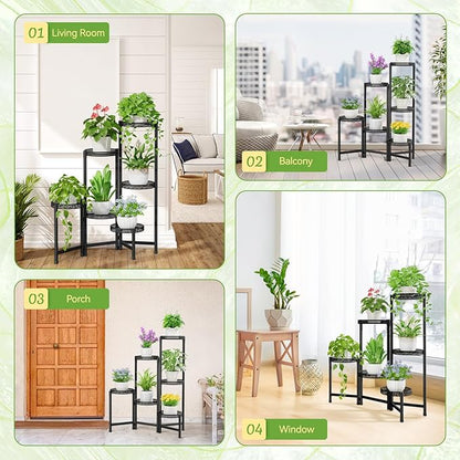 iDavosic.ly Plant Stand Indoor Outdoor, 6 Tier Corner Metal Flower Display Holder Shelf, Folding Tall Orchid Rack for Patio Balcony Porch Garden Living Room House, Wrought Iron - Modern Black