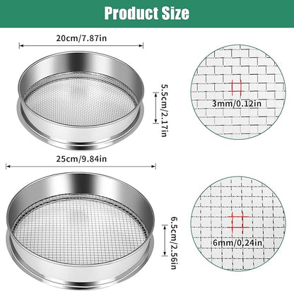 2 Pcs Garden Soil Sifter, Stainless Steel Mesh Screen Dirt Sifter, Sifting Pan-Sieve for Sand Rocks Dirt Compost, 1/4" and 1/8" Mesh