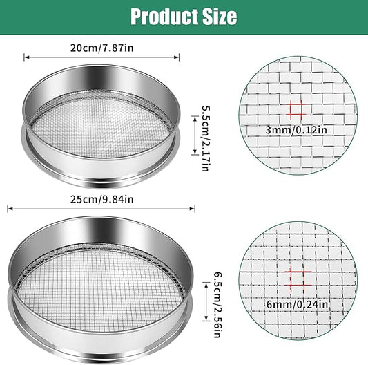2 Pcs Garden Soil Sifter, Stainless Steel Mesh Screen Dirt Sifter, Sifting Pan-Sieve for Sand Rocks Dirt Compost, 1/4" and 1/8" Mesh