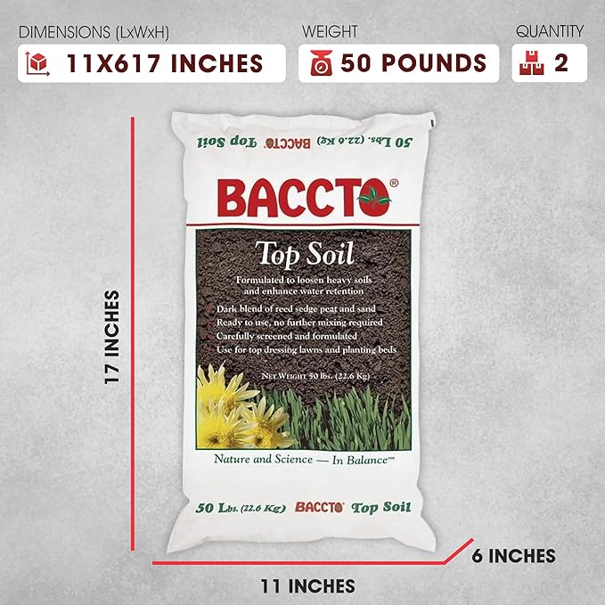Michigan Peat Baccto Top Soil for Lawns, Gardens, and Raised Planting Beds with Reed Sedge, Peat, and Sand, 50 Pounds (2 Pack)