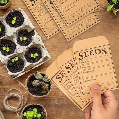 150pcs Seed Saving Envelopes, 4.7x3.1 Inch Reusable Seed Kraft Storage Organizer Packets Envelopes Printed with Types Name Template for Flower Vegetable Plants Garden Seeds Saving & Collecting