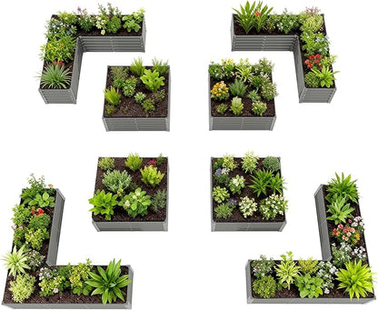A ANLEOLIFE 8-Piece 18 Inch Tall Quartz Grey Raised Garden Beds Kit, L-Shaped & Square Metal Planters –Ideal for Structured Backyard Layouts.