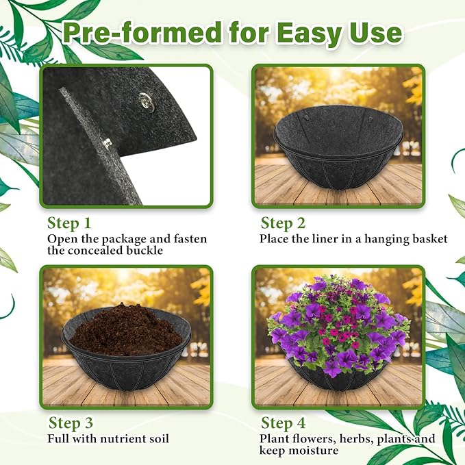 Riare 4 Pack 12 Inch Round Fabric Planter Basket Liner- Hanging Basket Liners Replacement Coco Fiber Liner Alternative for Hanging Basket Flowers (Prevent Birds from Nesting)