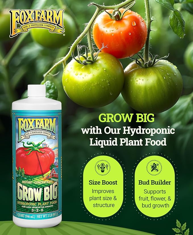 FoxFarm Grow Big Hydroponic Plant Food - 3-2-6 Liquid Plant Fertilizer for Lush Vegetative Growth in Hydroponic Systems - Liquid Concentrate with Earthworm Castings & Micronutrients - 1 Quart