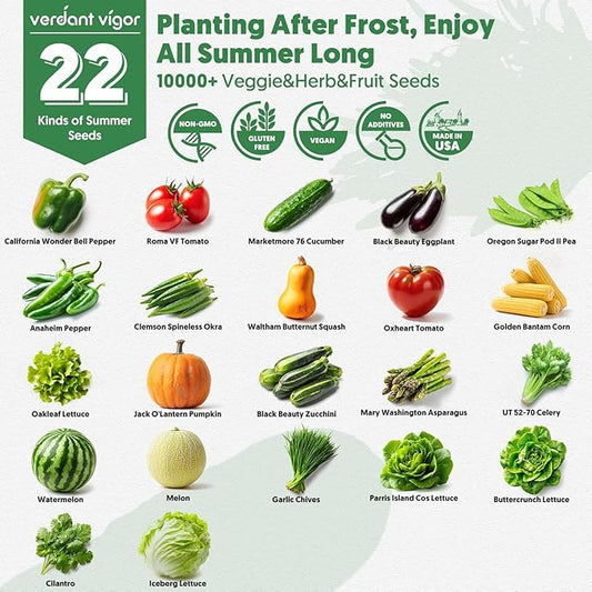 22 Summer Seeds Variety Pack for Planting, Over 10,000 Vegetable Seeds, USA Grown, Heirloom, Non-GMO, for Indoor Outdoor Gardening