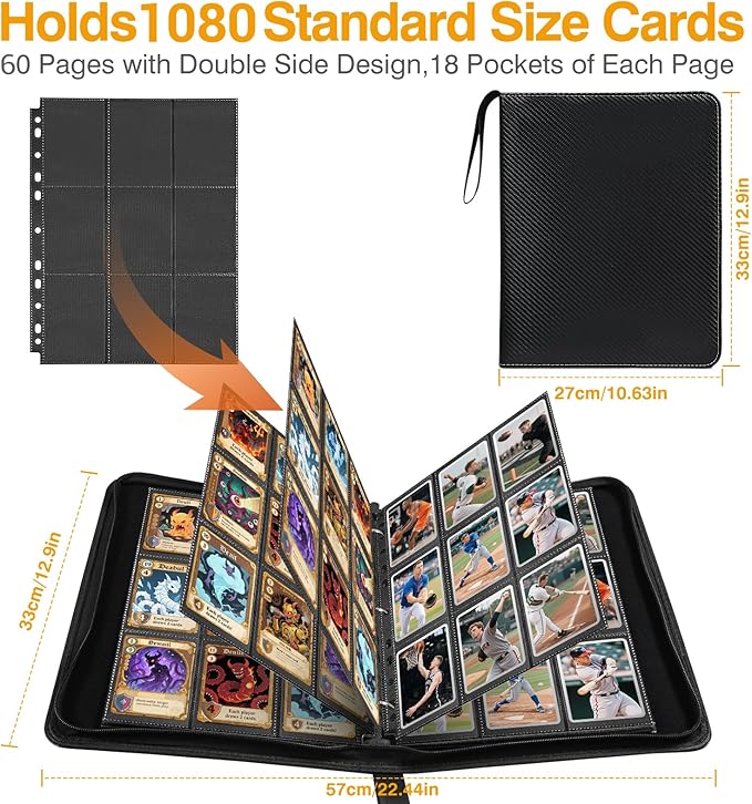 60 Pack 1080 Pockets Black Trading Card Sleeves Binder Sheets, Double Sided Thicken Game Card Sleeves for 3 Ring Binder, 9 Pocket Side Loading Page Protector for MTG, Yugioh, Game, Baseball Cards
