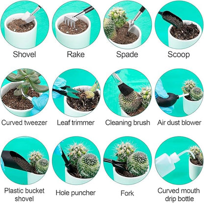 44pcs Small Gardening Tools Gifts for Women Beginners - Garden Hand Tools Set for Indoor Succulent Bonsai Plants Transplanting, Included Bag/Repotting Mat/Shovel/Labels, Green