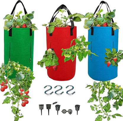 3 Piece Upside Down Tomato & Strawberry Planter Set - Hanging Grow Bags with 4 Side Zippers & 1 Bottom Zipper - Tomato Kit & Strawberry Kit for Easy Vertical Gardening